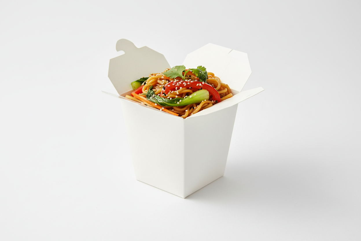 takeaway white kraft noodle box with food inside without handles 