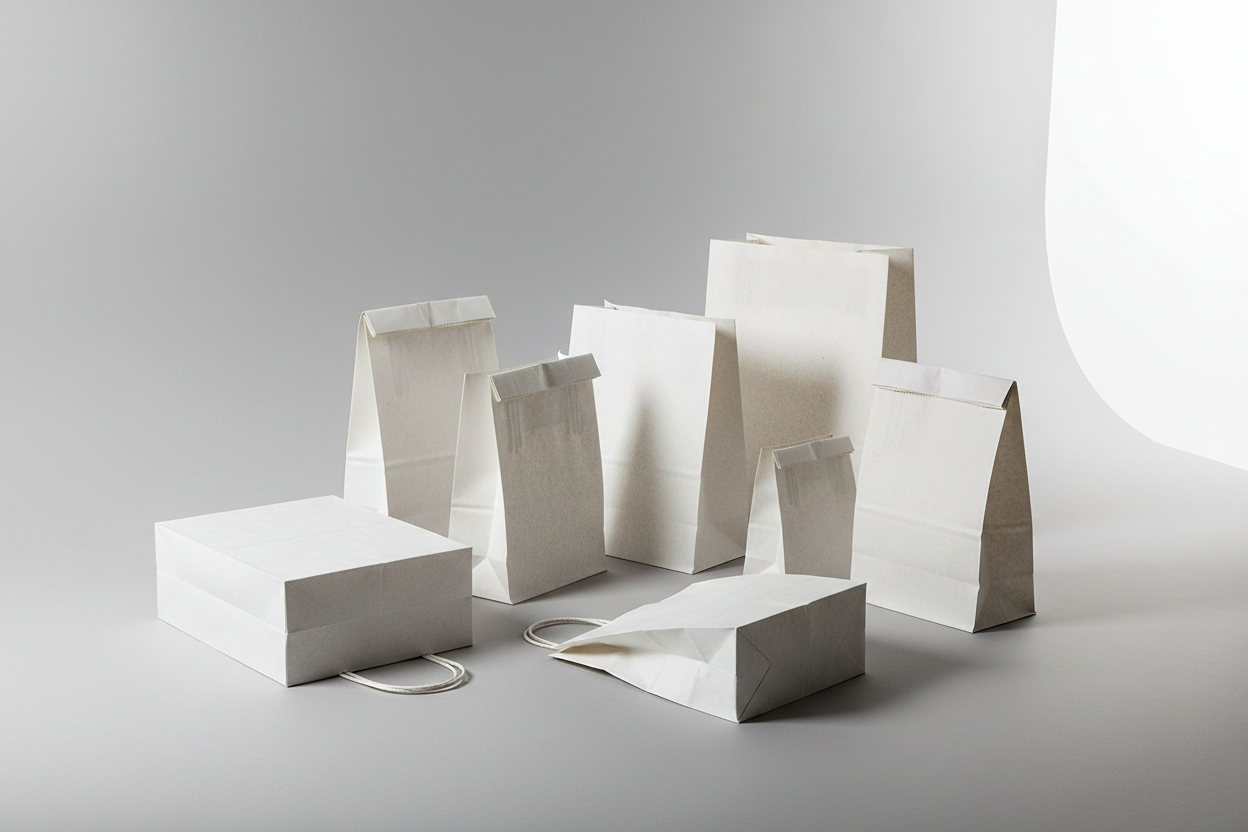 white kraft grab bags without handle in studio background