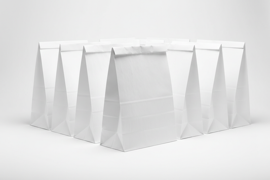 White Kraft SOS Takeaway Bags – Extra-Large( No Handle) in studio back ground with no handles and no names on the photos and in studio back ground
