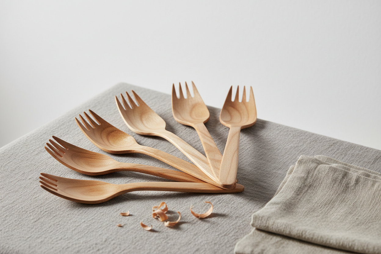 Wooden Cutlery – Forks in studio back ground